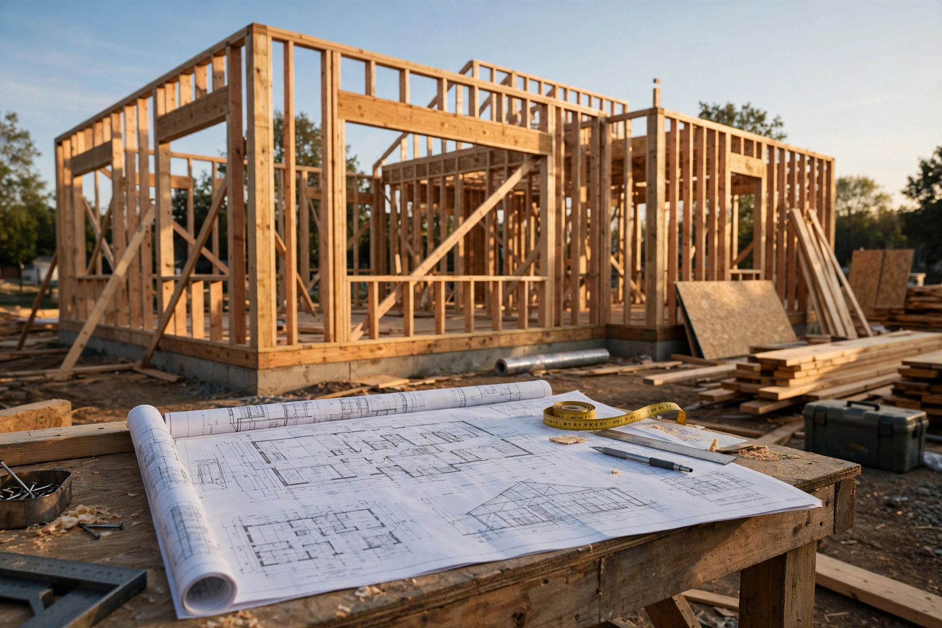 Fresh timber framing rising on a residential lot, drawings resting on a sawhorse