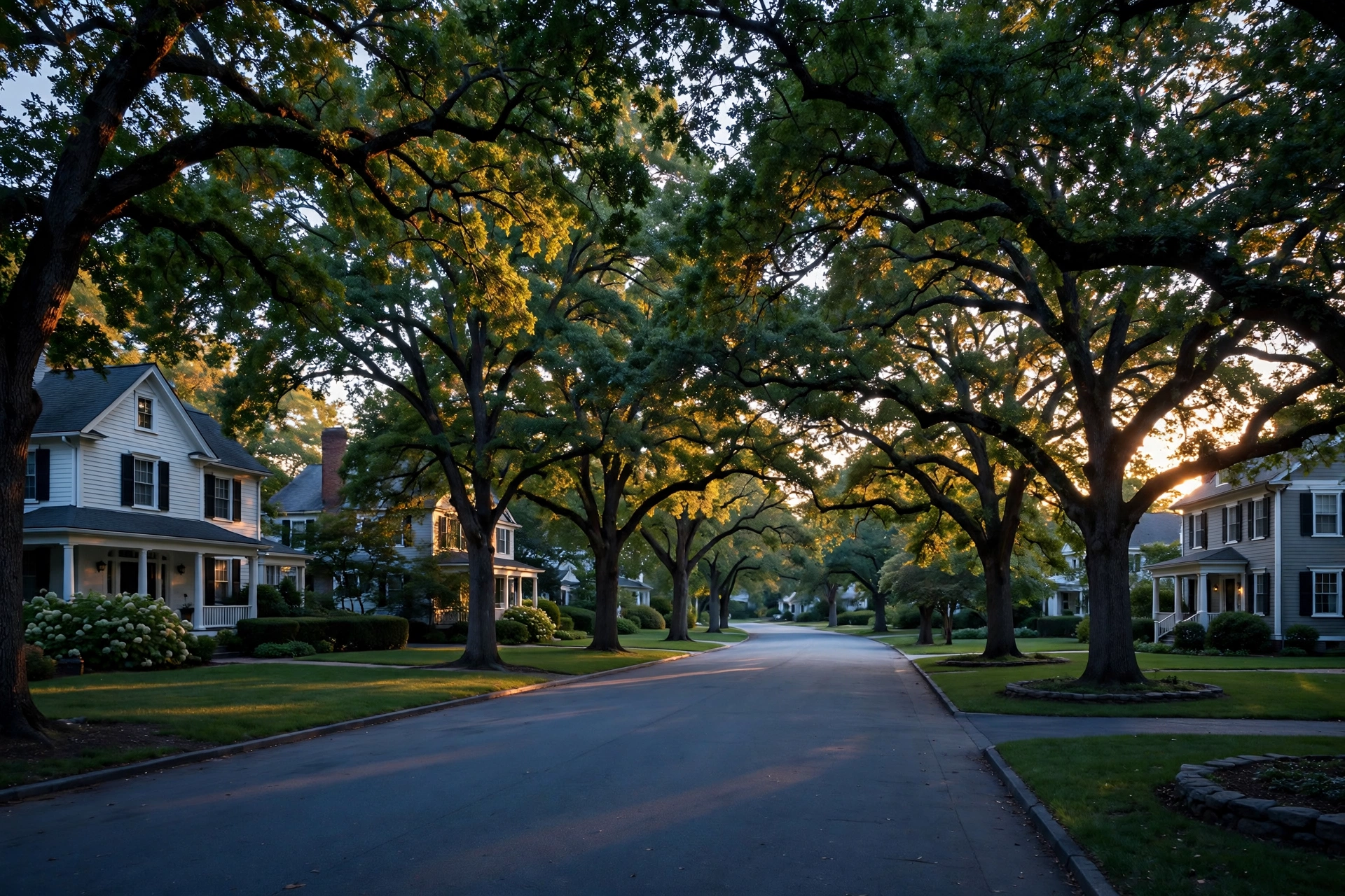 A residential street of well kept homes under mature trees, photographed at dusk