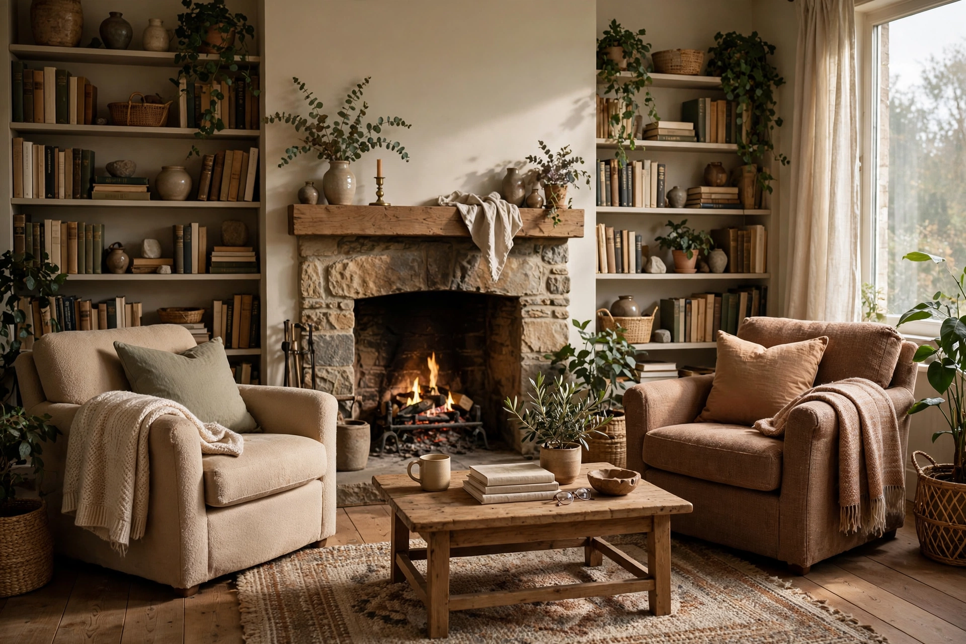 A comfortable living room with a stone hearth, deep chairs, and shelves of books